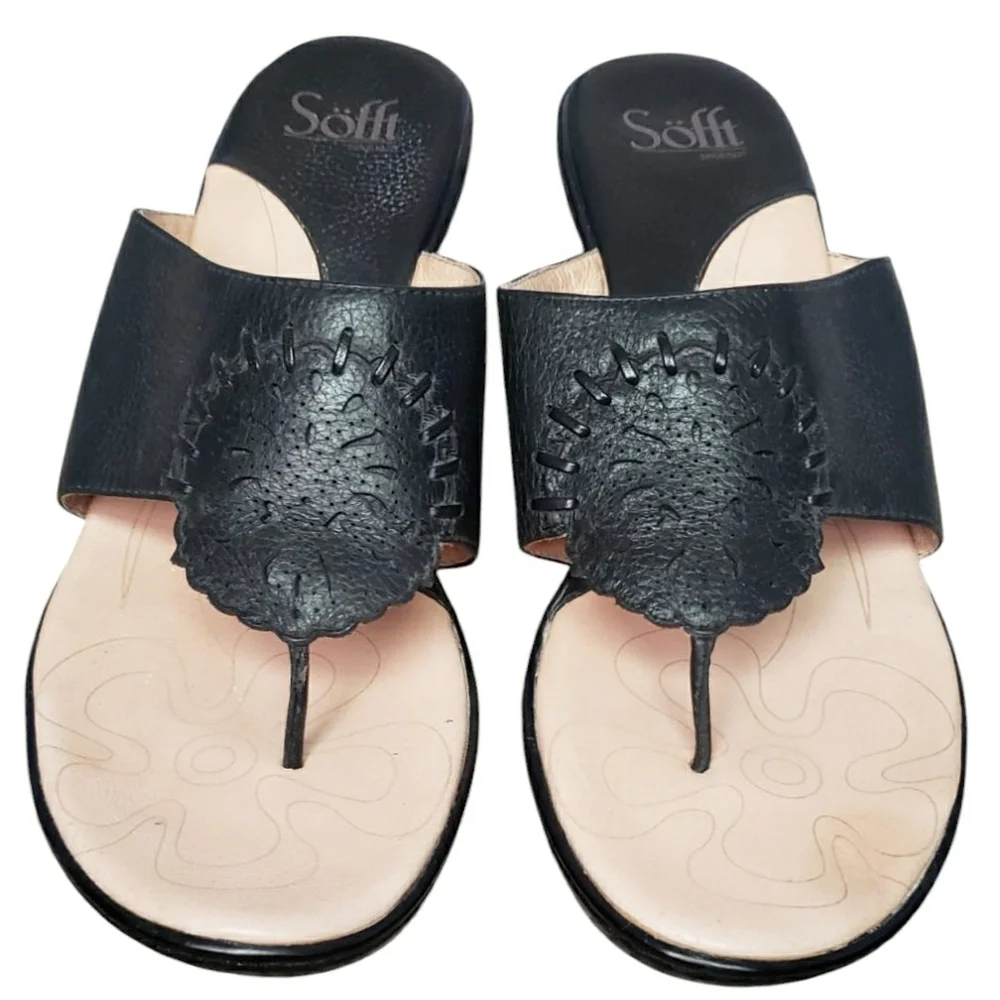 Sofft Sandals Black Womens 9.5 Heeled Thong Comfort Casual Leather Slide Sandal